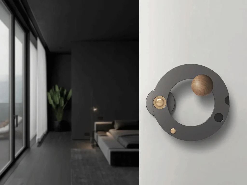 Poignée de porte en acier noir brossé avec détails cuivre et bois